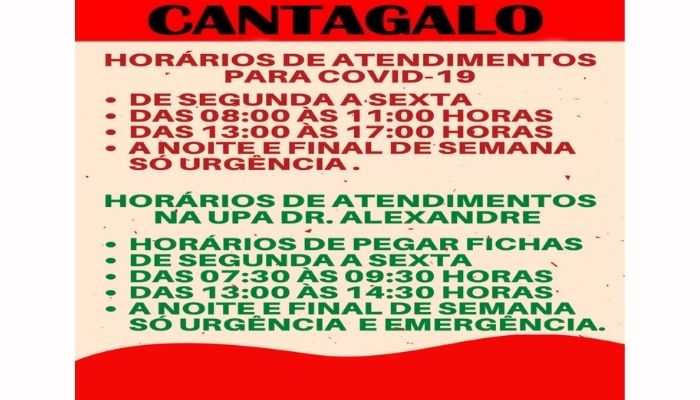 Cantagalo - Horários de atendimentos para upa e Covid-19